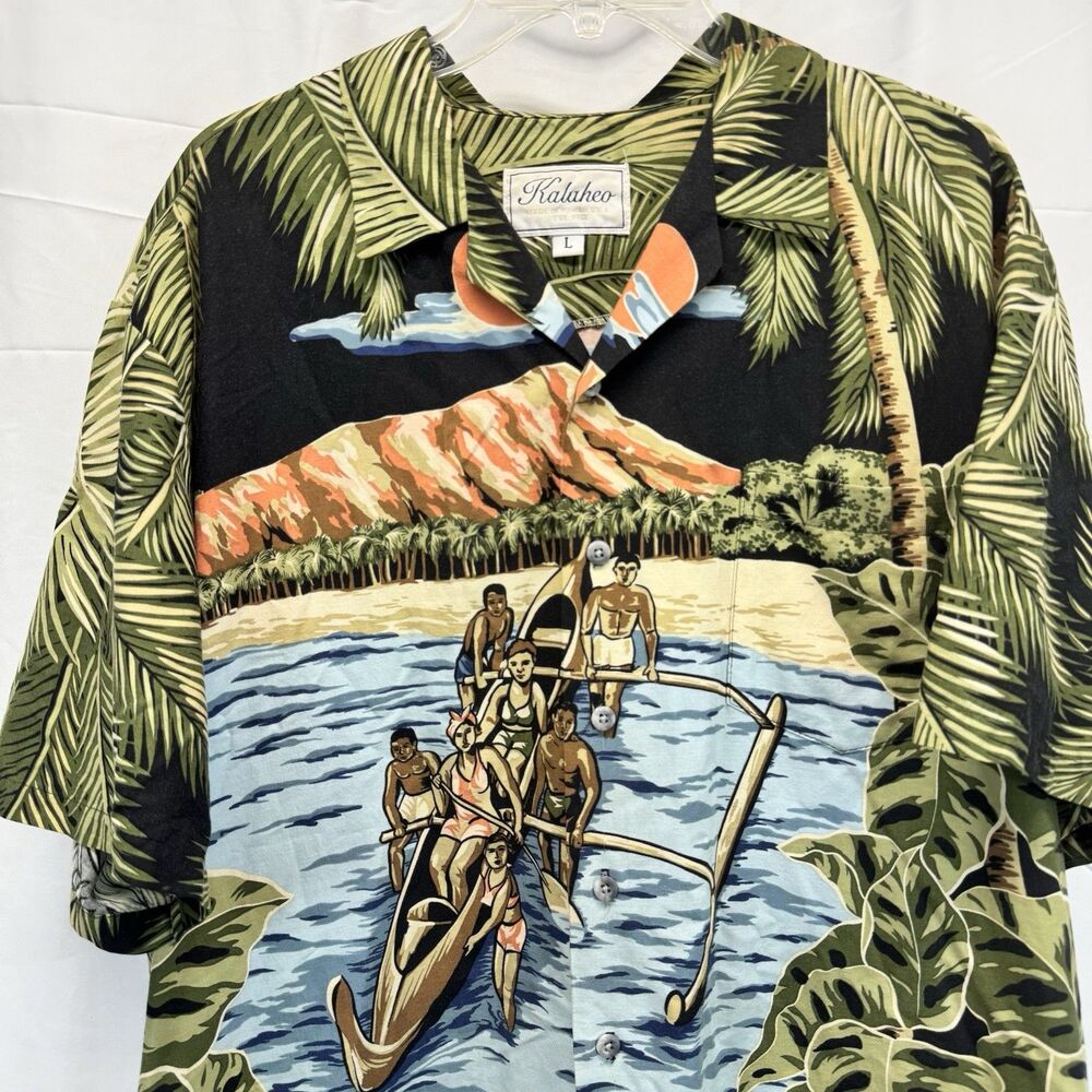 Kalaheo Kamehameha Hawaiian Aloha Camp Shirt L Diamond Head Vtg Boat Sun Surf - Picture 2 of 7